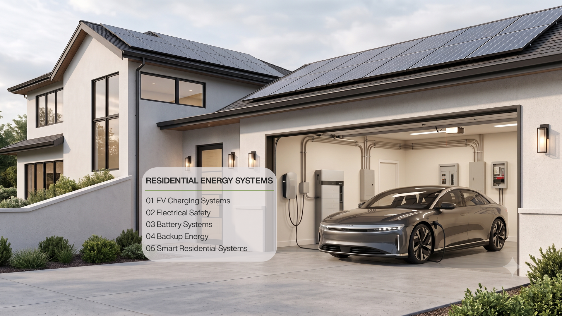 Modern residential home at dusk with a wall-mounted EV charger integrated beside the garage — representing a complete residential energy system by DNa Greenergy